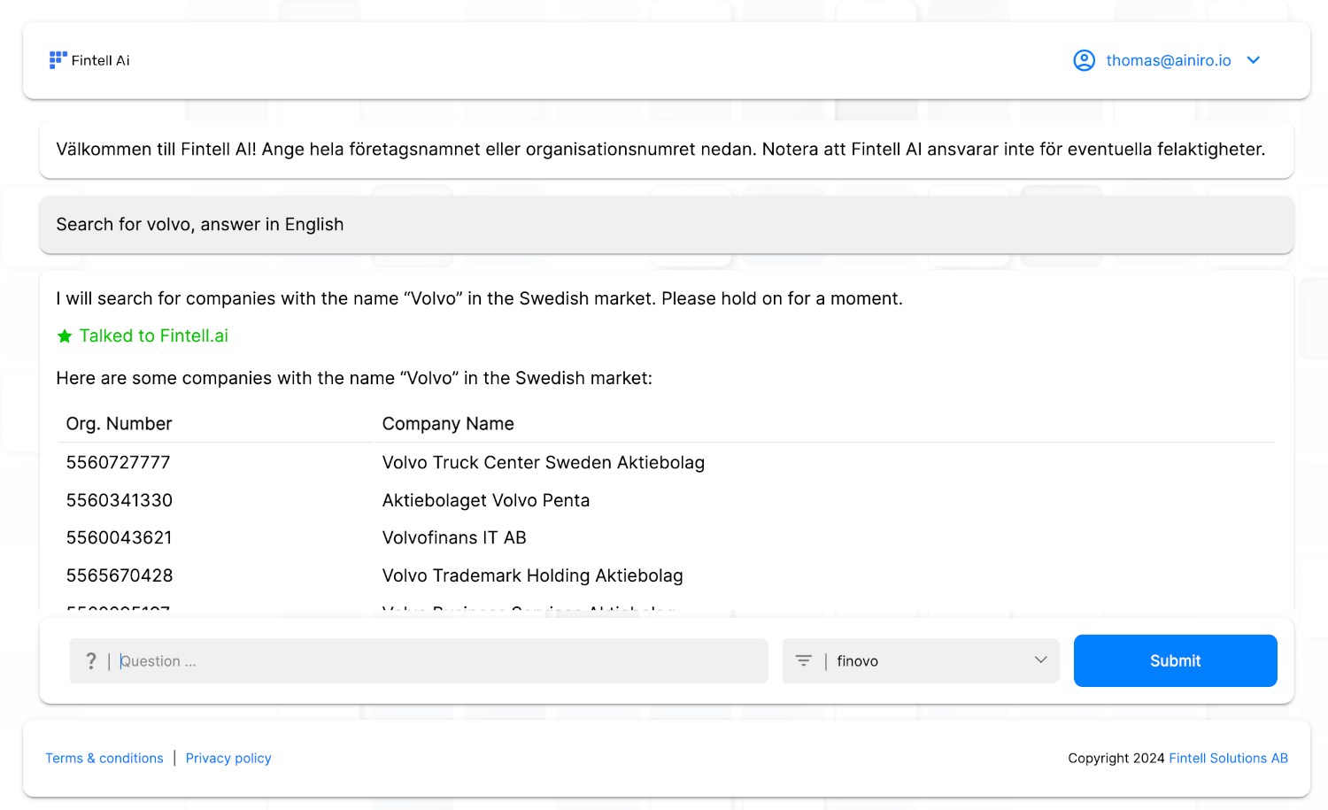 Using Fintell AI to search for Volvo