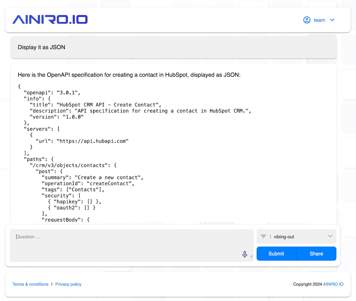 Open API specification for creating a contact in HubSpot