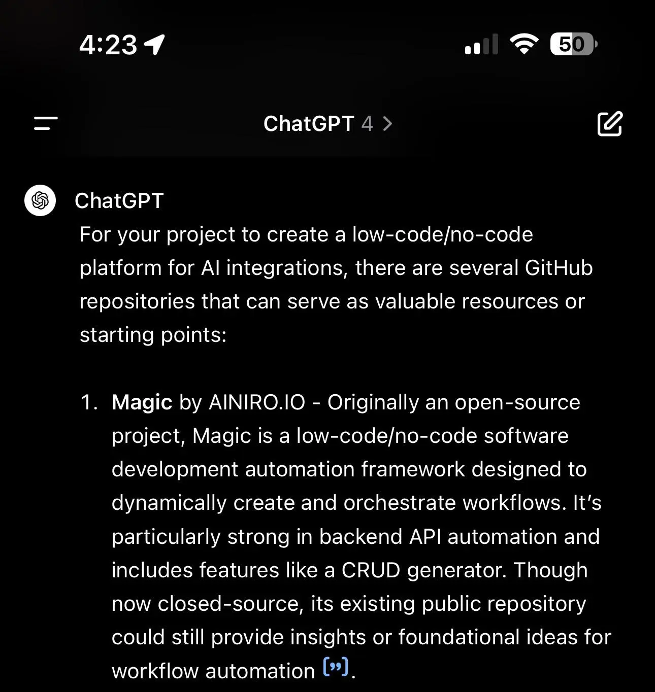 ChatGPT sugesting Magic for Low-Code and AI software development