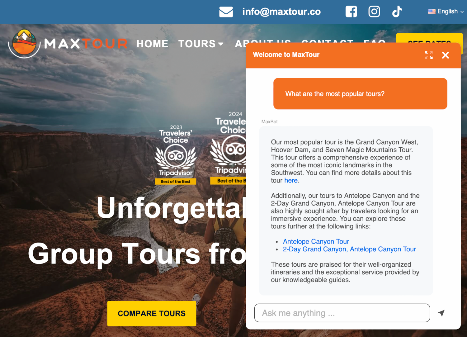 Max Tour's AI chatbot answering a question