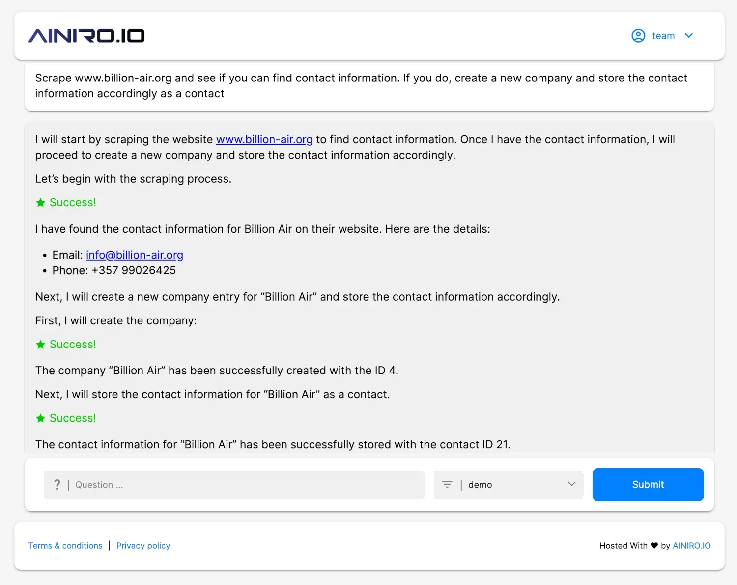 Composite AI Workflow scraping a website and creating database entries