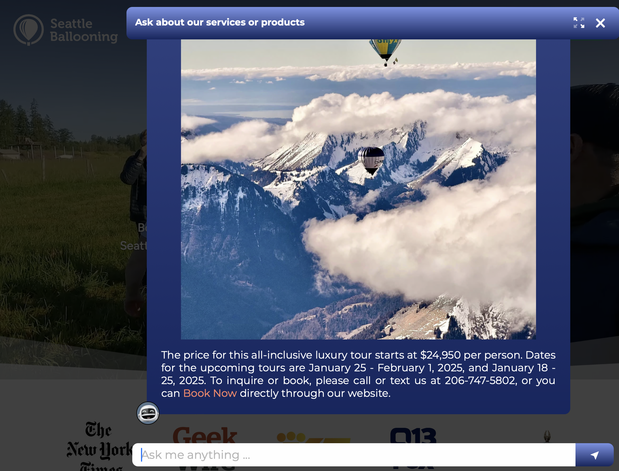 Seattle Ballooning's AI chatbot showing images of their Swiss tour
