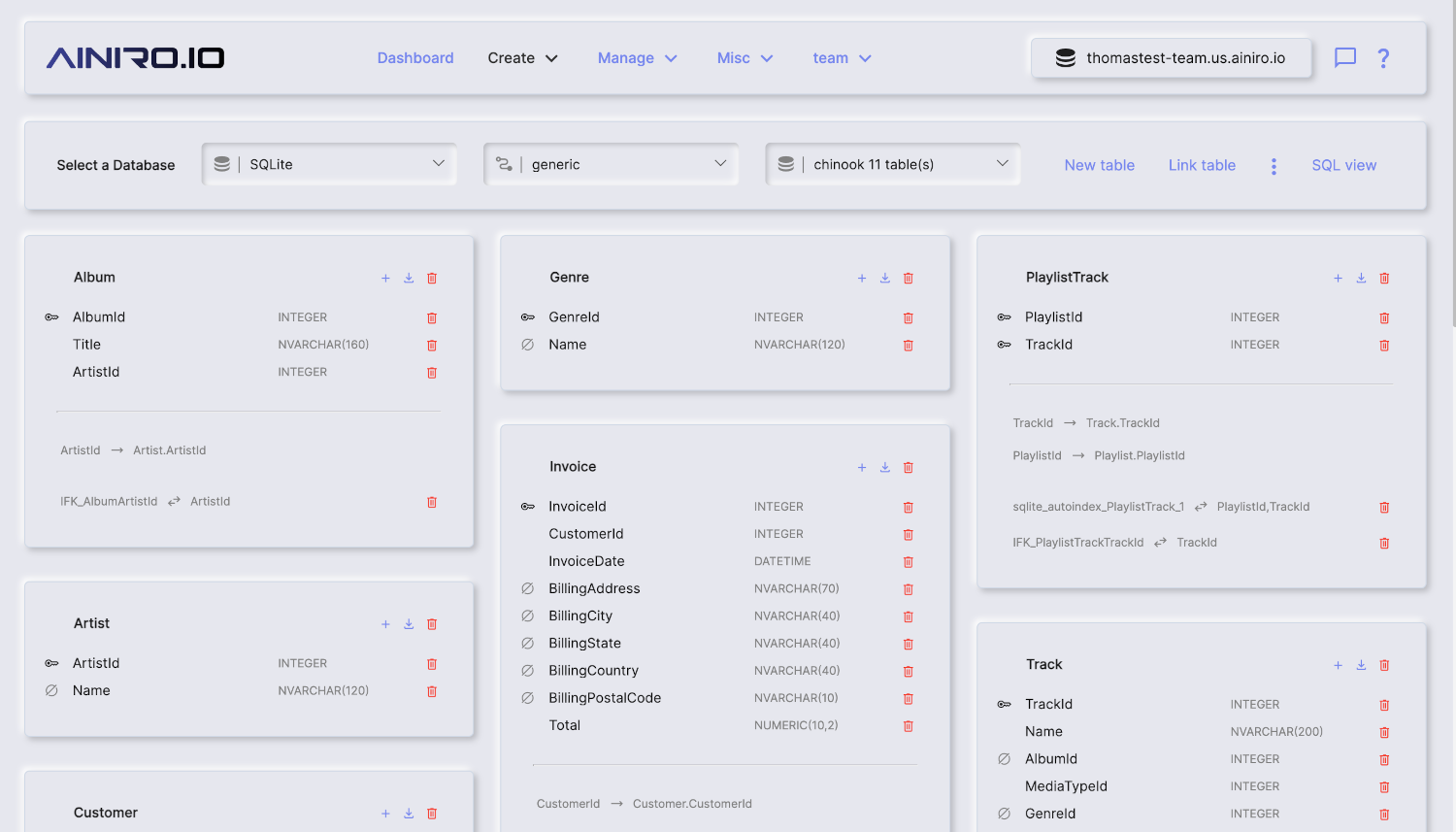 How the Chinook database looks like in SQL Studio