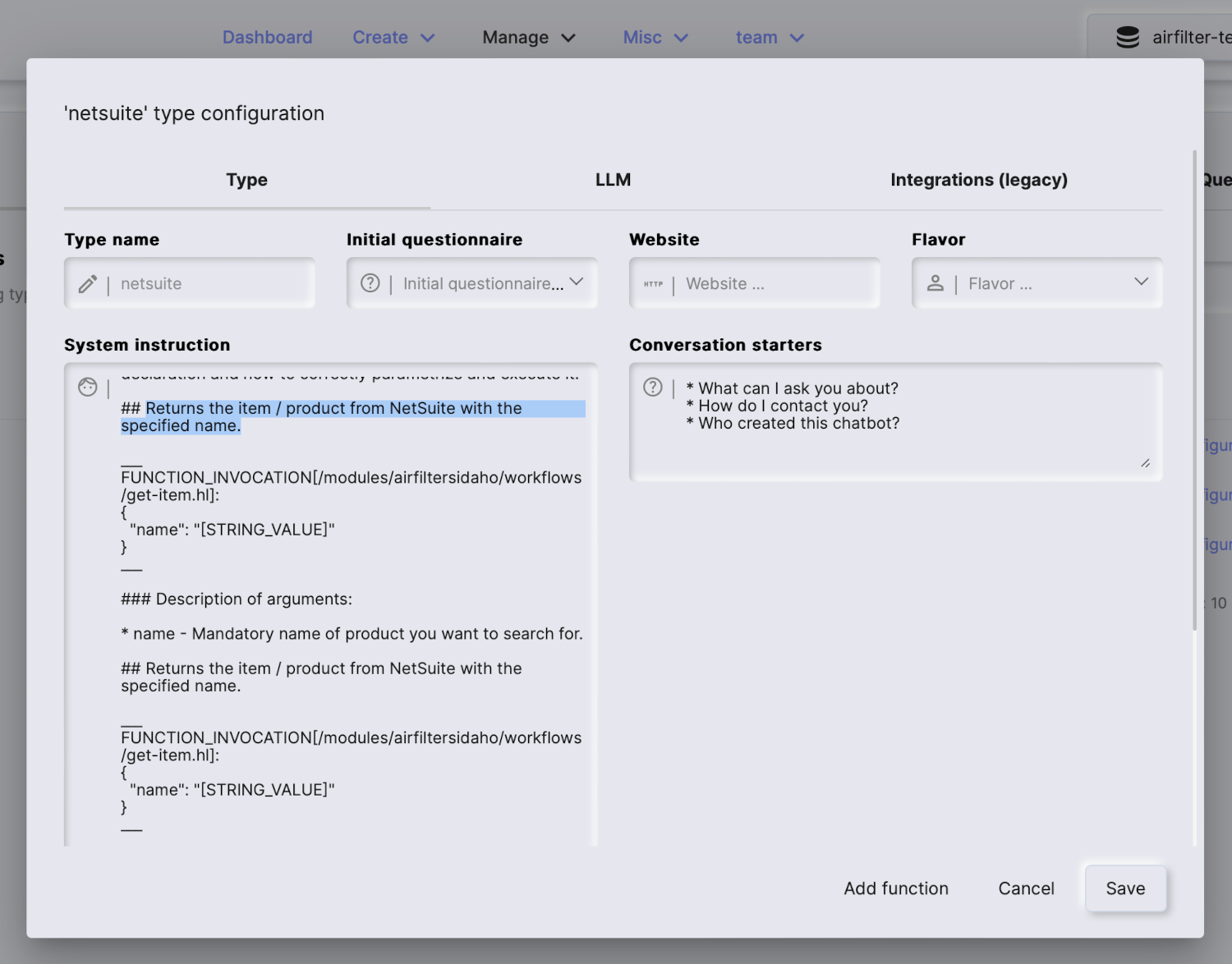 System message with AI function