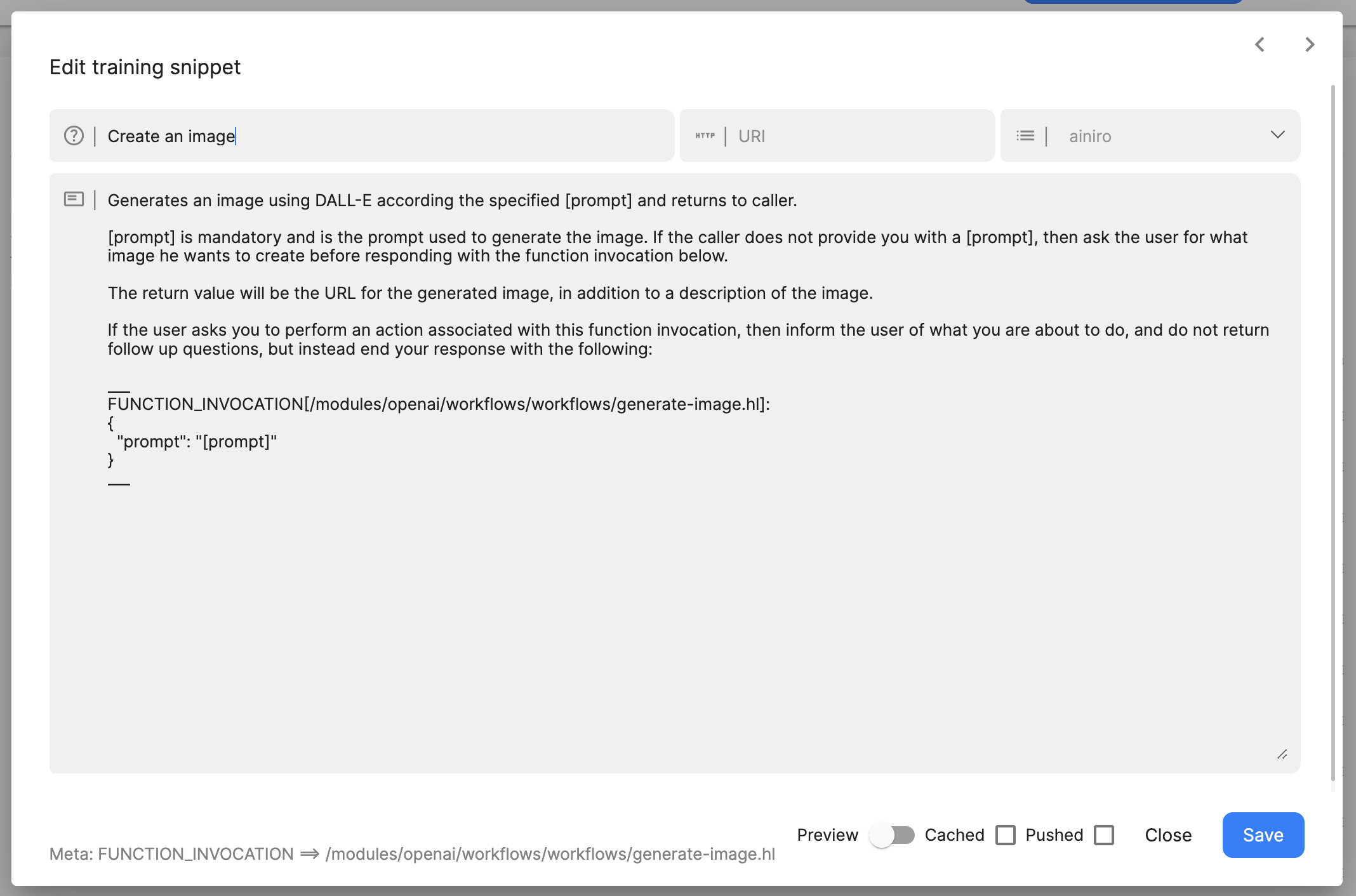 A training snippet for generating images using DALL-E