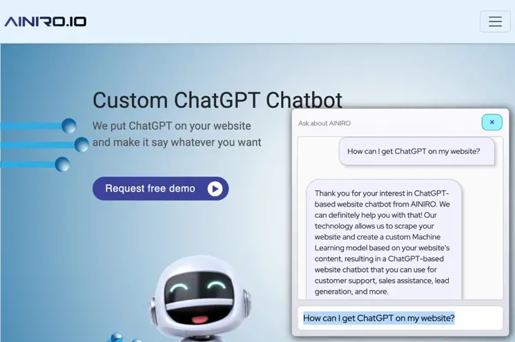 Screenshot of AINIRO's ChatGPT website chatbot solution