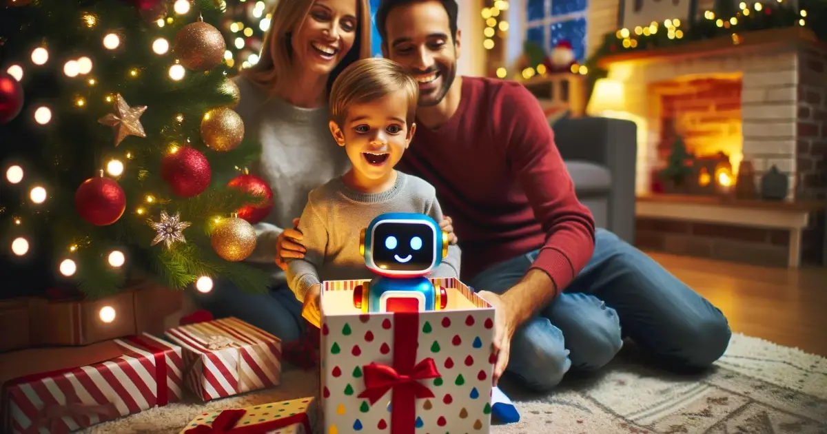Little boy opening up his X-Mas gift being an AI Chatbot