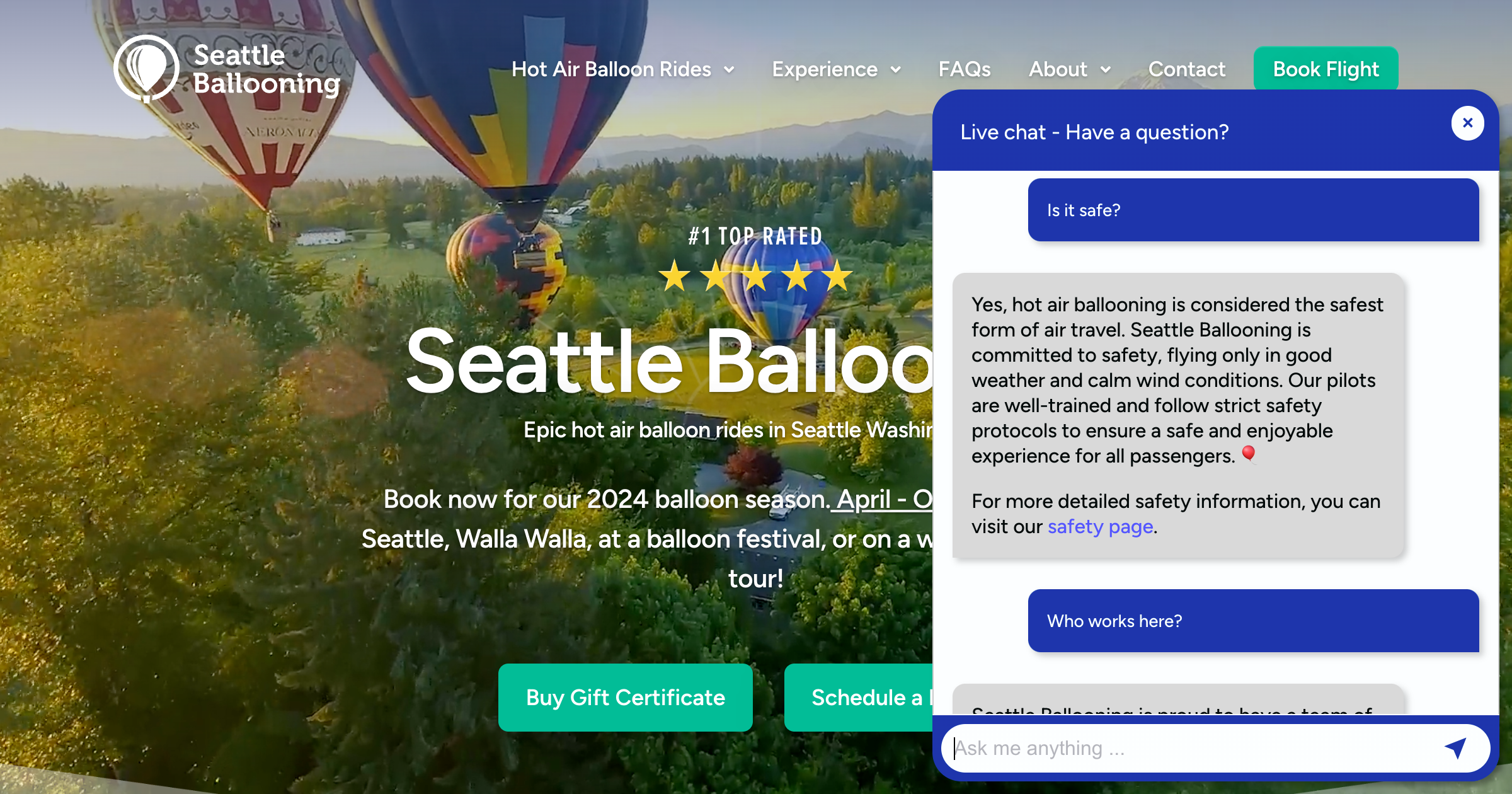 Seattle Ballooning's AI Chatbot in action