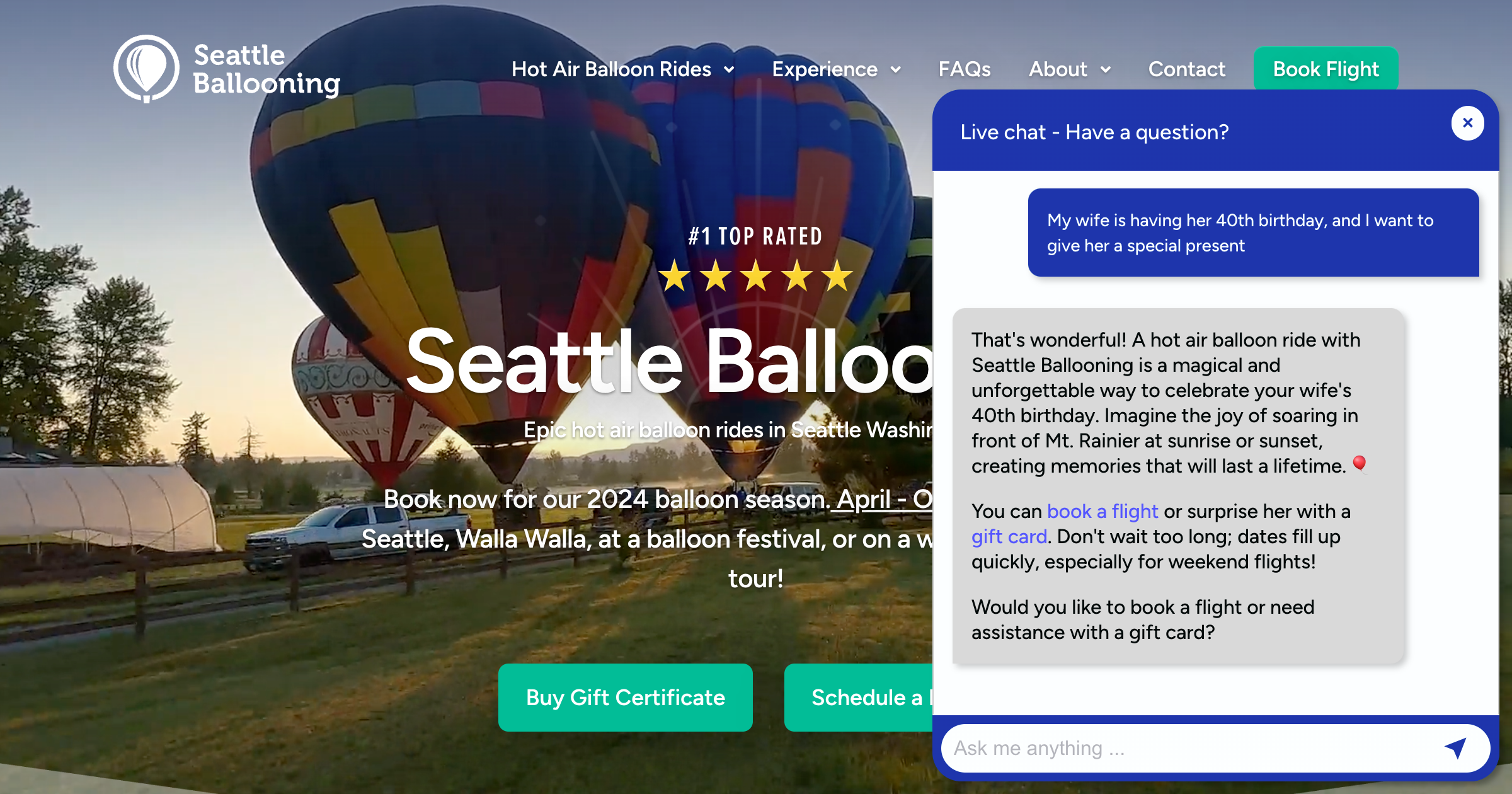 Seattle Ballooning's AI Chatbot in action