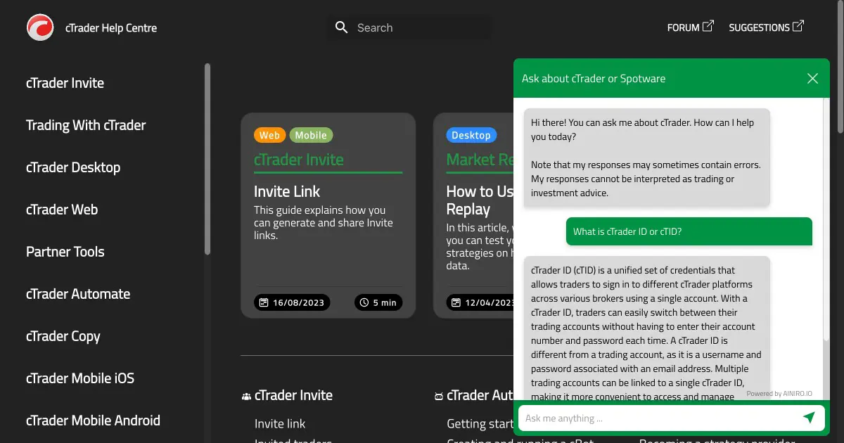 cTrader's AI chatbot