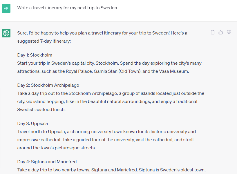 Sweden itinerary prompt example