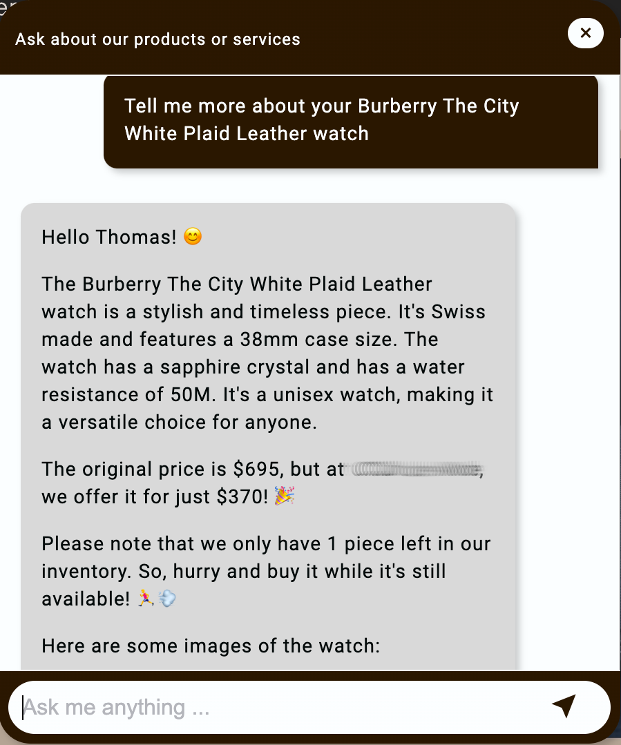 Screenshot of our ChatGPT chatbot showing products from Shopify 1