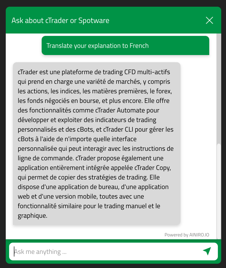 Our ChatGPT AI chatbot explaining cTrader in French